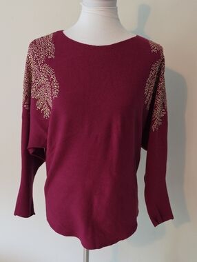 Oliver.o Elegant Dark Purple/Burgundy Sweater with Embellished Sleeves Brand New